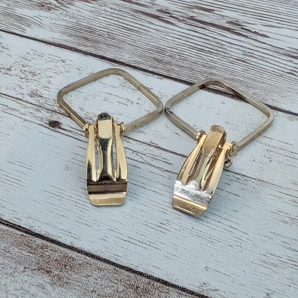 Vintage Clip On Earrings Rounded Square Gold Tone Dangle